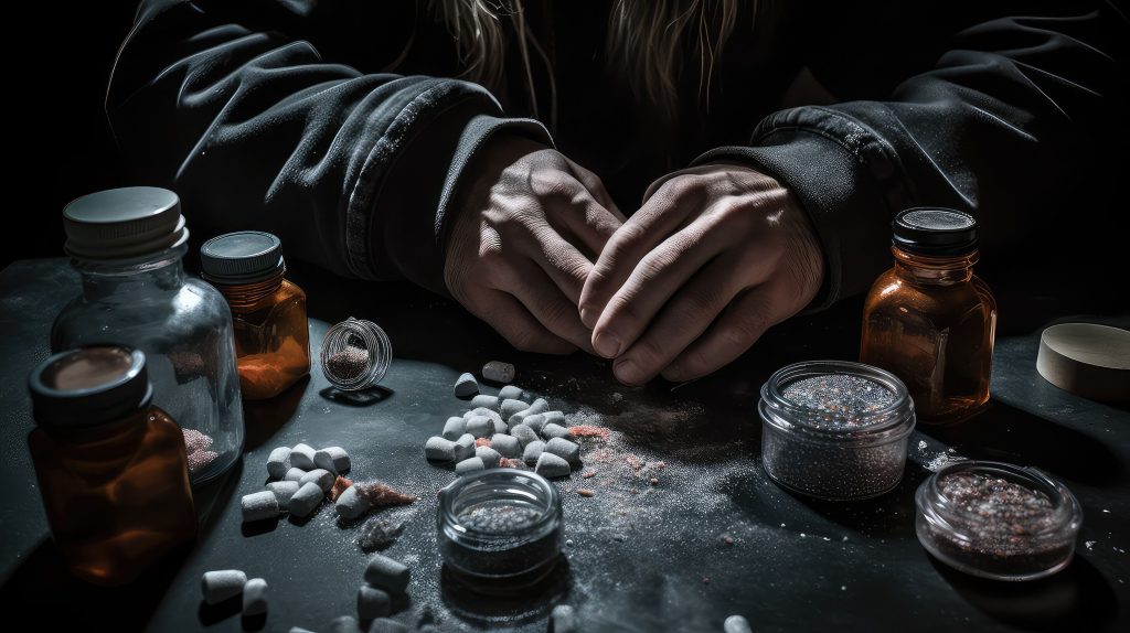 Images of hands with drugs on the table